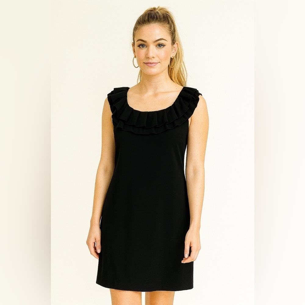 Kasper Black Sleeveless Ruffle Dress Petite 2 Classic LBD Shift - Picture 4 of 4
